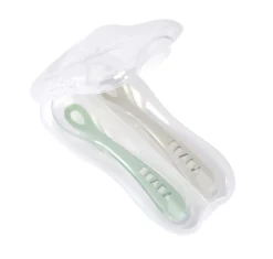 Beaba Set van 2 Siliconenlepels - 2de Leeftijd met Reisetui (Velvet Grijs+Sage Groen)