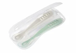 Beaba Set van 2 Siliconenlepels 1ste Leeftijd met Reisetui (Velvet Grijs+Sage Green)