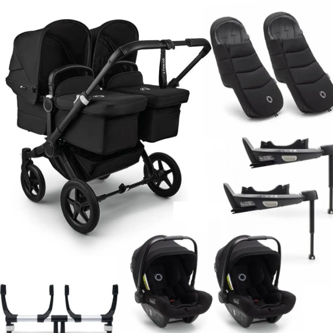 Bugaboo Donkey 5 Tweeling Kinderwagen 3 In 1 Black Midnight Black + Isofix Base + Voetenzak