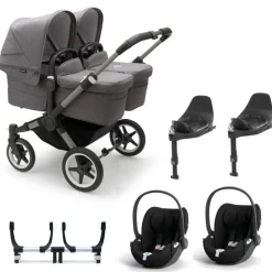 Bugaboo Donkey 5 Tweeling Kinderwagen 3 In 1 Graphite Grey Melange Met Twee Cybex Cloud T Groep 0 Autostoelen + Isofix Base