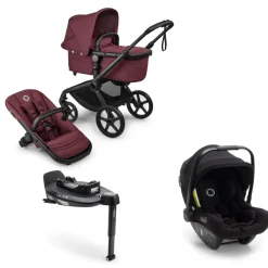 Bugaboo Kinderwagen 3 in 1 Fox 5 Renew Complete Black | Dark Cherry + Bugaboo Autostoel Groep 0 Turtle Air by Nuna Black + Draaibare Isofix Base 360