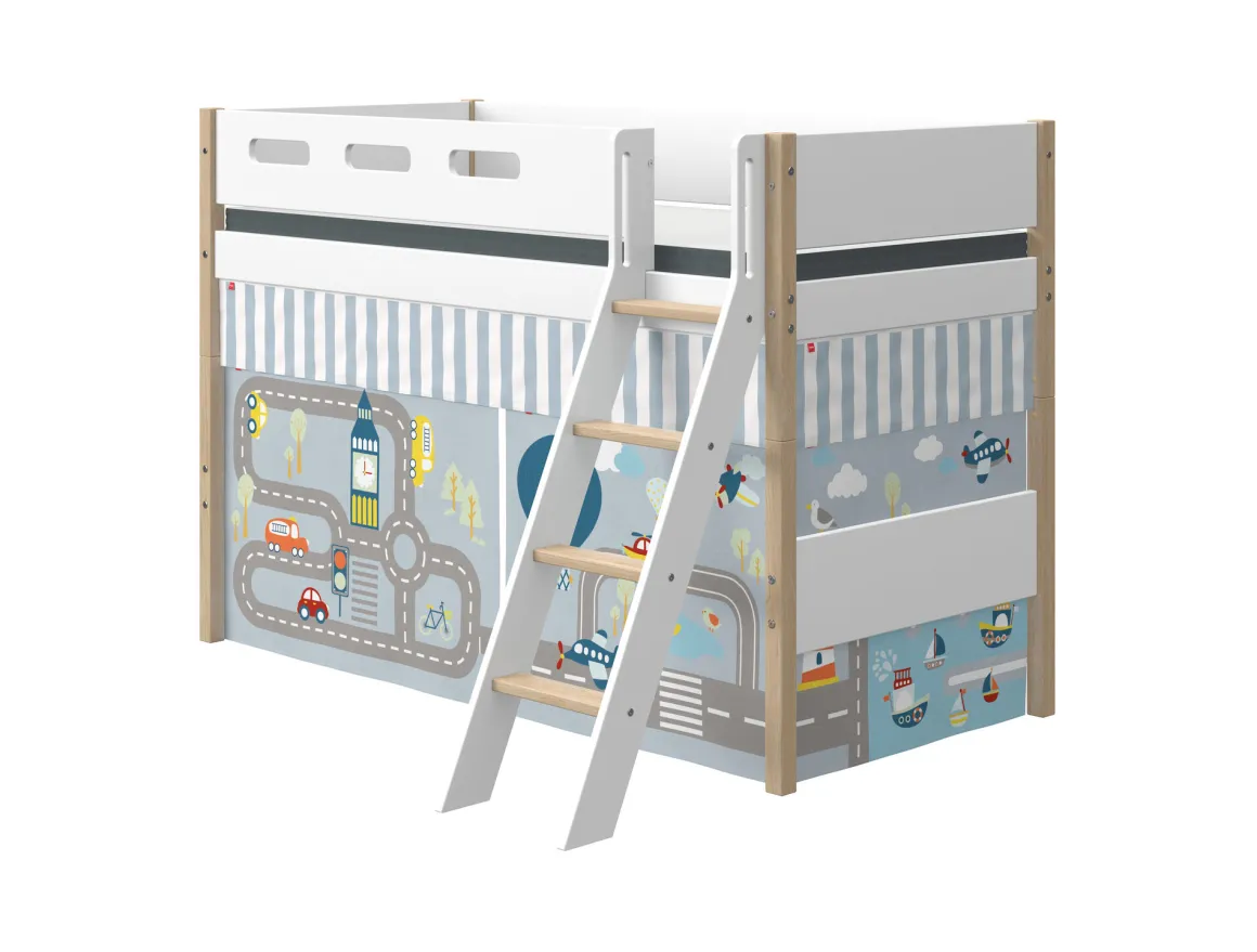 Flexa Nor Halfhoogslaper Verhoogd + Schuine Ladder + Speelgordijn Transport 90 x 200 cm