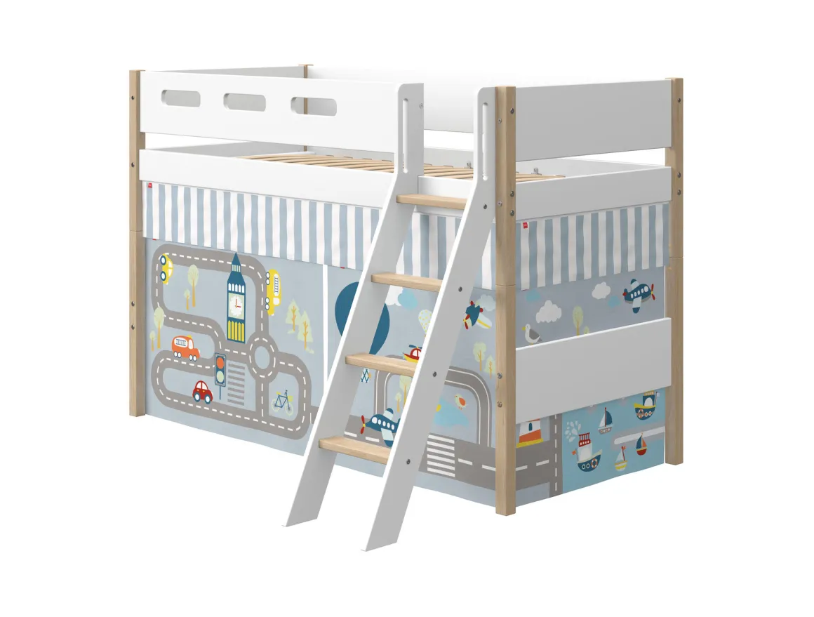 Flexa Nor Halfhoogslaper Verhoogd + Schuine Ladder + Speelgordijn Transport 90 x 200 cm