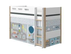 Flexa Nor Halfhoogslaper Verhoogd + Rechte Ladder + Speelgordijn Transport 90 x 200 cm