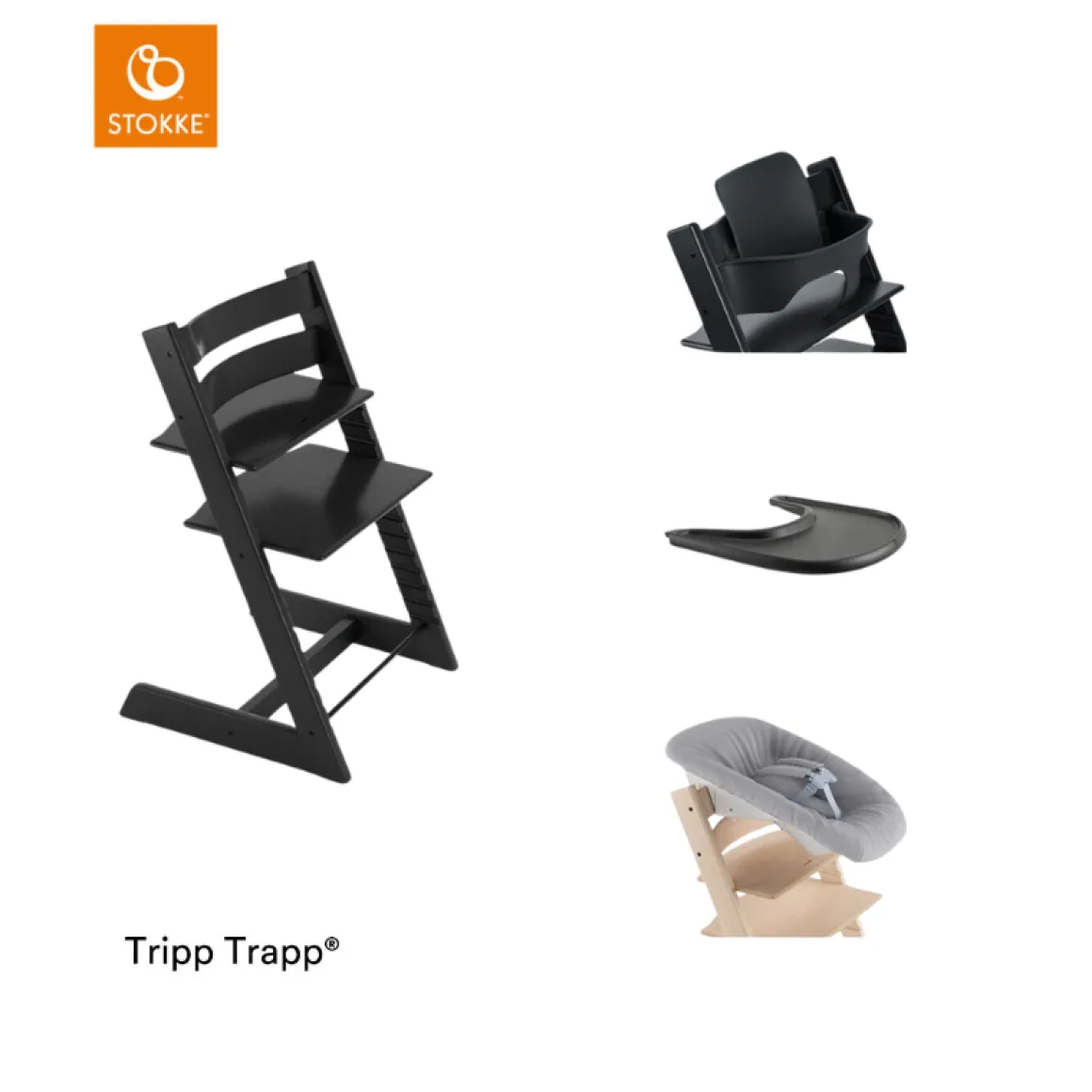 Stokke® Kinderstoel Tripp Trapp® Black + Newborn Set™ + Baby Set™ Black + Tray™