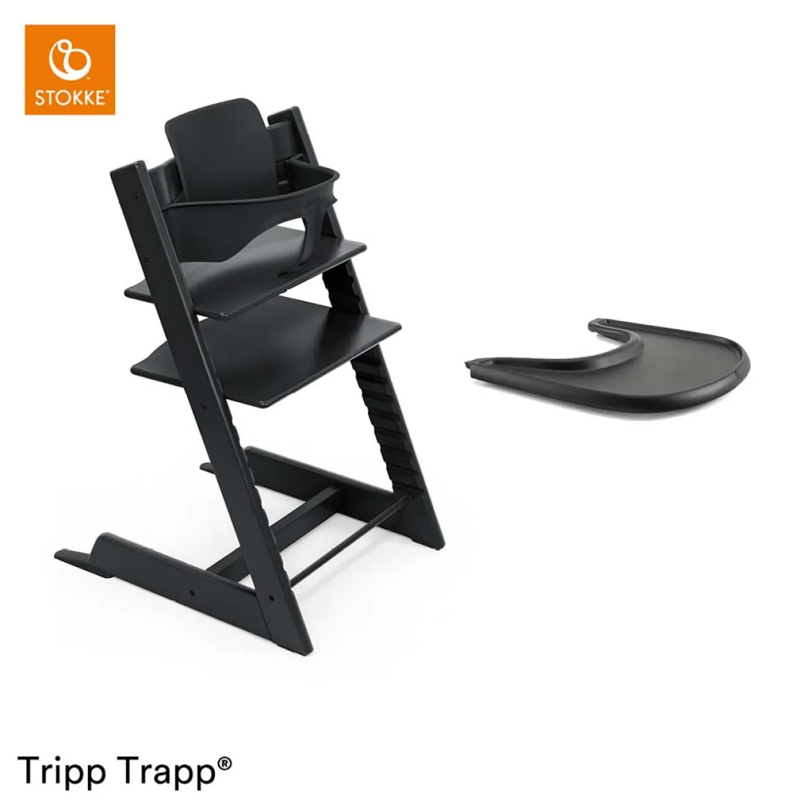 Stokke® Kinderstoel Tripp Trapp® Black + Newborn Set™ + Baby Set™ Black + Tray™