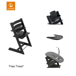 Stokke® Kinderstoel Tripp Trapp® Black + Newborn Set™ Anthracite + Baby Set™ Black + Tray™